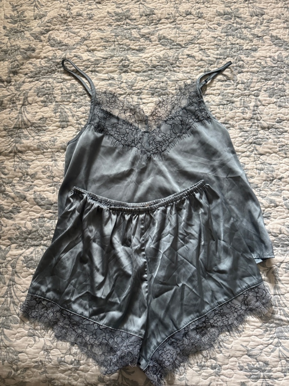 Silk Lace Trim Cami & Shorts Set - blue